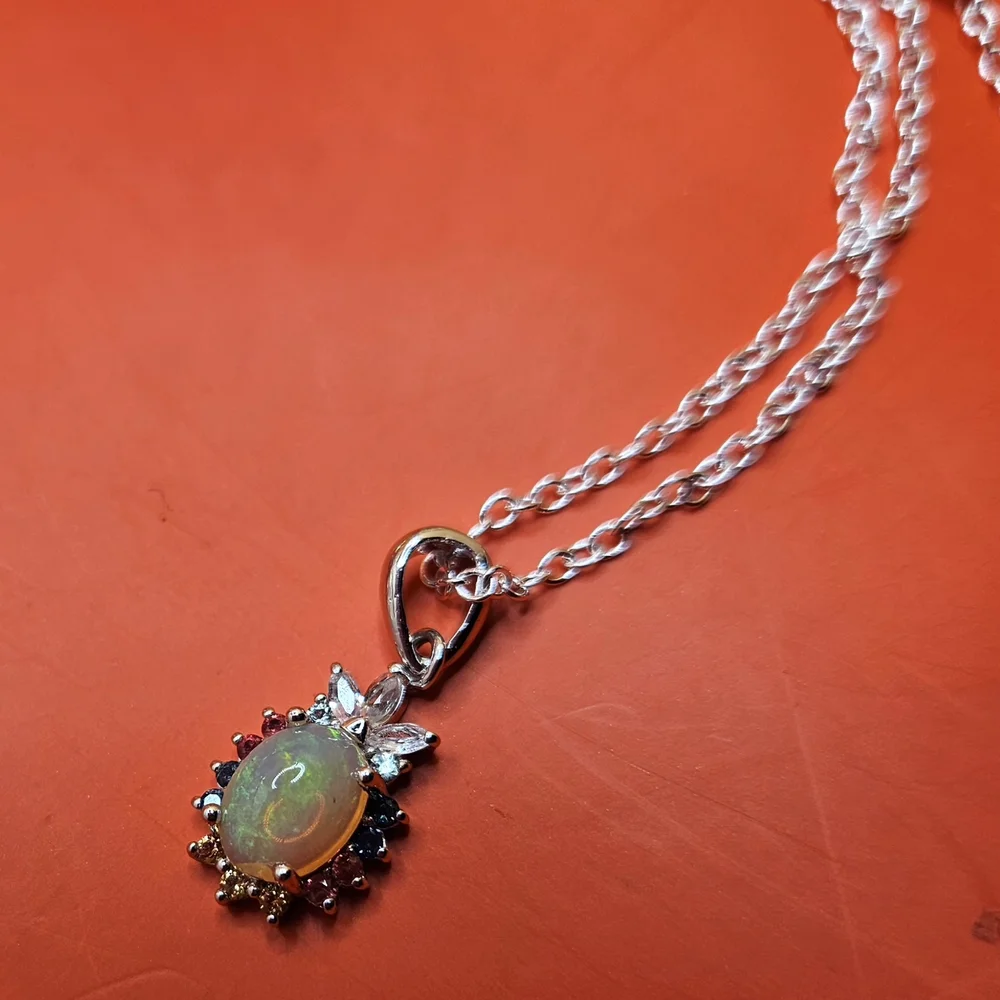 Natural Fire Opal Multi Sapphire Pendant 925 Stainless Steel - BRAND NEW